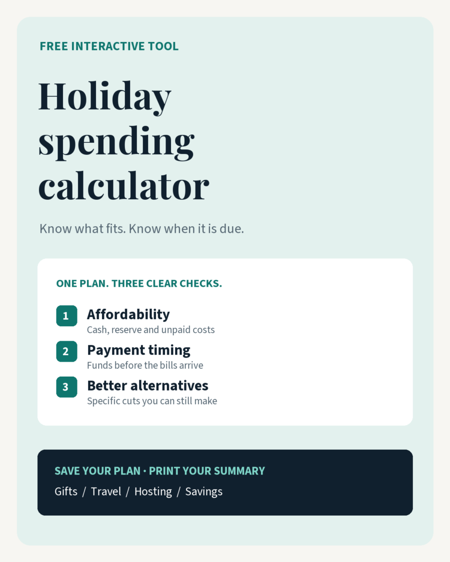 Holiday Spending Calculator: affordability, payment timing and cheaper alternatives.
