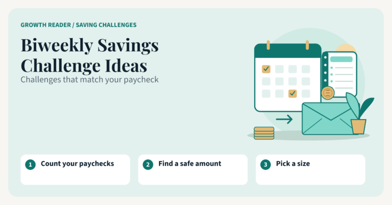 Biweekly savings challenge ideas, illustrated with a payday calendar, savings envelope and notebook.