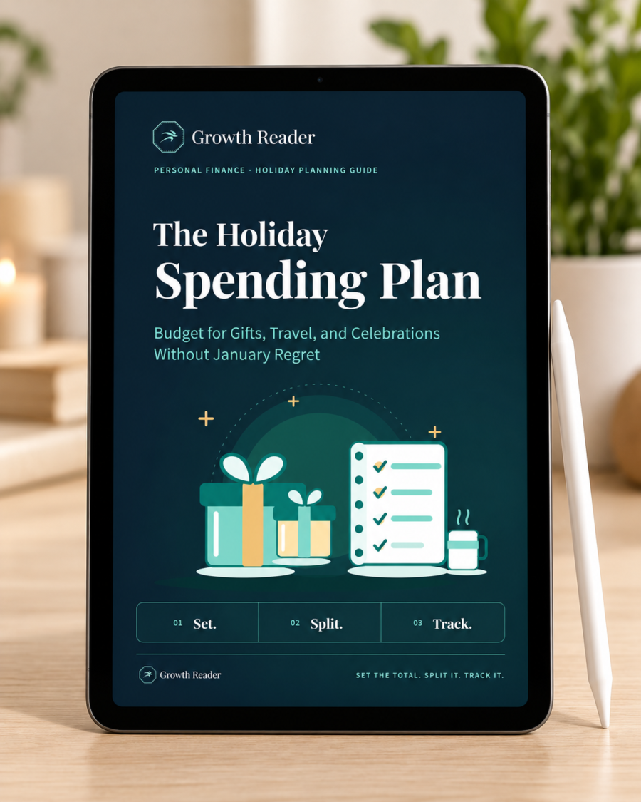 The Holiday Spending Plan cover displayed on a tablet on a light wooden desk.