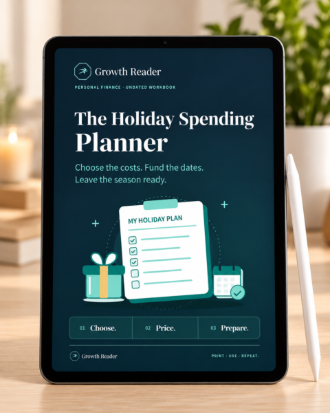 The Holiday Spending Planner cover displayed on a tablet on a light wooden desk.