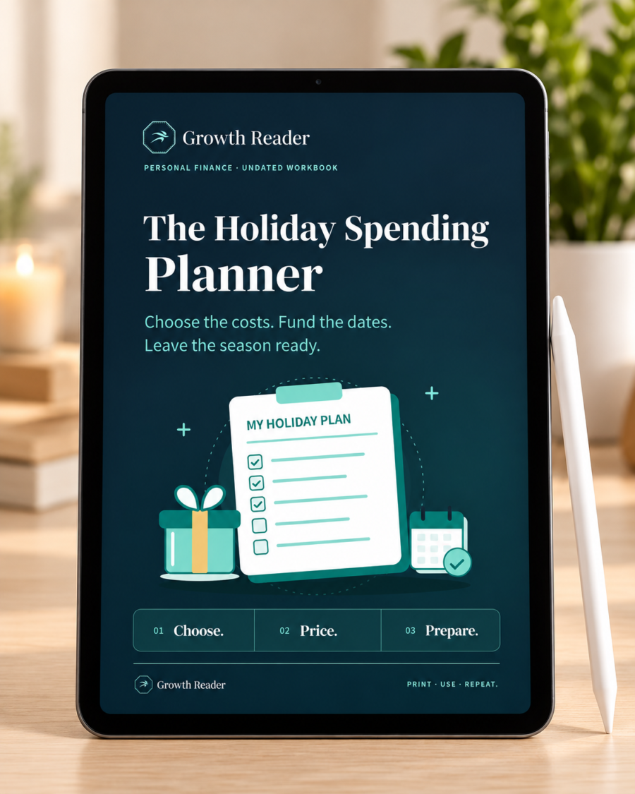 The Holiday Spending Planner cover displayed on a tablet on a light wooden desk.