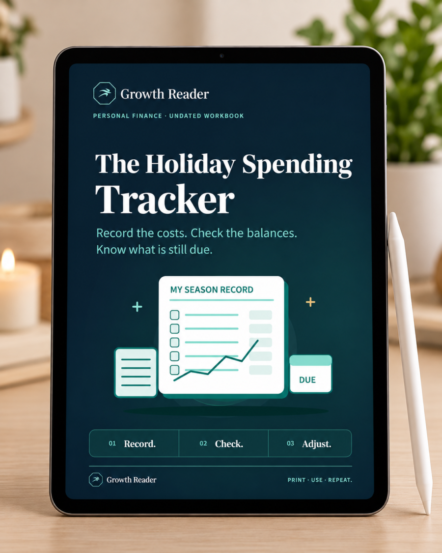 The Holiday Spending Tracker cover displayed on a tablet on a light wooden desk.